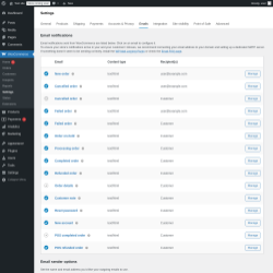 Page screenshot: WooCommerce &rarr; Settings &rarr; Emails