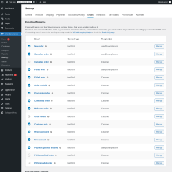 Page screenshot: WooCommerce &rarr; Settings &rarr; Emails