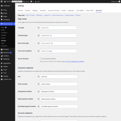 Page screenshot: WooCommerce &rarr; Settings &rarr; Advanced