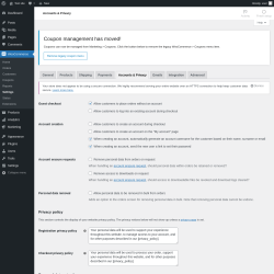 Page screenshot: WooCommerce → Settings → Accounts & Privacy