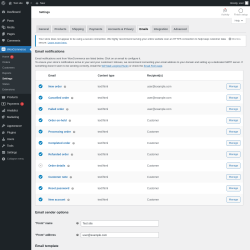 Page screenshot: WooCommerce &rarr; Settings &rarr; Emails
