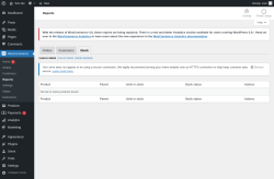 Page screenshot: WooCommerce &rarr; Reports &rarr; Stock