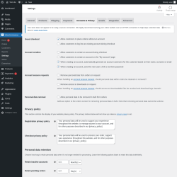 Page screenshot: WooCommerce &rarr; Settings &rarr; Accounts & Privacy
