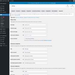 Page screenshot: WooCommerce &rarr; Settings &rarr; Advanced