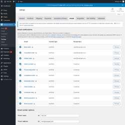 Page screenshot: WooCommerce &rarr; Settings &rarr; Emails