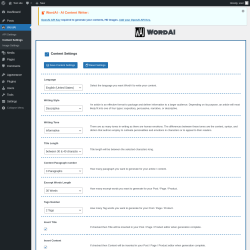 Page screenshot: WordAI → Content Settings