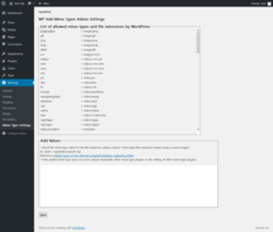 Page screenshot: Settings &rarr; Mime Type Settings