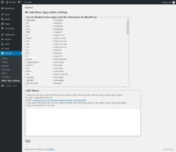 Page screenshot: Settings &rarr; Mime Type Settings