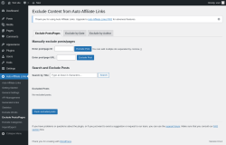 Page screenshot: Auto Affiliate Links &rarr; Exclude Posts/Pages