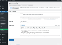 Page screenshot: WP BASE → Display Settings → Terms & Conditions