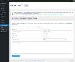 Page screenshot: Wow Plugins → WP Coder → Support
