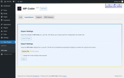 Page screenshot: Wow Plugins → WP Coder → Import/Export