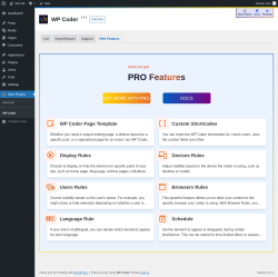 Page screenshot: Wow Plugins → WP Coder → PRO Features