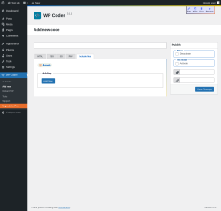 Page screenshot: WP Coder → Add new → Include files