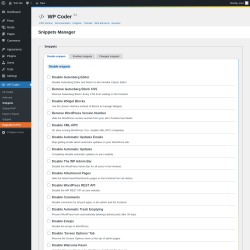 Page screenshot: WP Coder → Snippets → Disable snippets