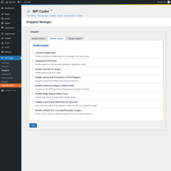 Page screenshot: WP Coder → Snippets → Enabled snippets