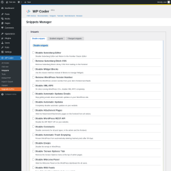 Page screenshot: WP Coder → Snippets → Disable snippets
