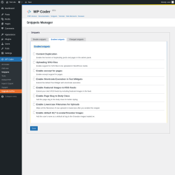 Page screenshot: WP Coder → Snippets → Enabled snippets
