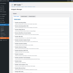 Page screenshot: WP Coder → Snippets → Disable snippets