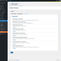 Page screenshot: WP Coder → Snippets → Changed snippets
