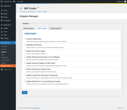 Page screenshot: WP Coder → Snippets → Enabled snippets