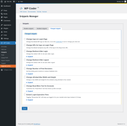Page screenshot: WP Coder → Snippets → Changed snippets