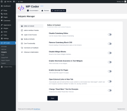 Page screenshot: WP Coder → Snippets