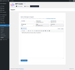 Page screenshot: WP Coder → Support