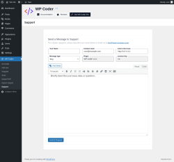Page screenshot: WP Coder → Support