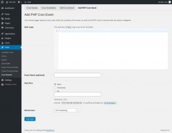 Page screenshot: Tools &rarr; Cron Events &rarr; Add PHP Cron Event