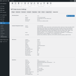 Page screenshot: Settings → WP Data Access → System Info