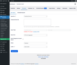 Page screenshot: WP Event Aggregator → Facebook Import