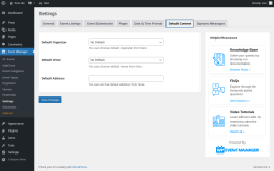 Page screenshot: Event Manager → Settings → Default Content