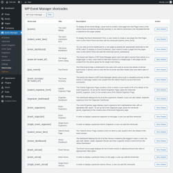 Page screenshot: Event Manager → Shortcodes