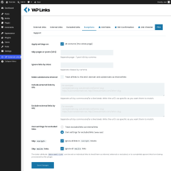 Page screenshot: WP External Links &rarr; 
             Exceptions        