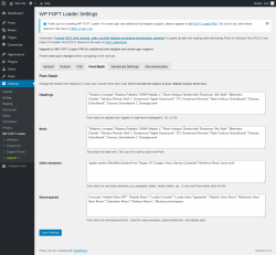 Page screenshot: Settings &rarr; WP FOFT Loader &rarr; Font Stack
