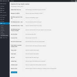 Page screenshot: Settings &rarr; wp_head() cleaner