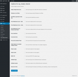 Page screenshot: Settings &rarr; wp_head() cleaner