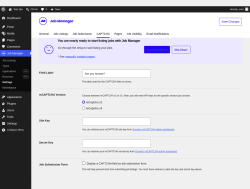 Page screenshot: Job Manager &rarr; Settings &rarr; CAPTCHA