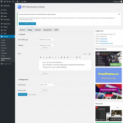 Page screenshot: Settings &rarr; WP Maintenance Mode &rarr; Design