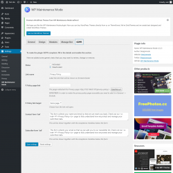 Page screenshot: Settings &rarr; WP Maintenance Mode &rarr; GDPR