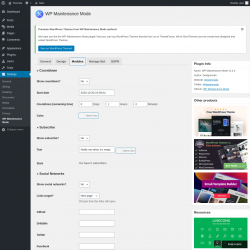 Page screenshot: Settings &rarr; WP Maintenance Mode &rarr; Modules