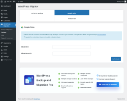 Page screenshot: WordPress Migration → Settings → Google Drive