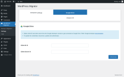Page screenshot: WordPress Migration → Settings → Google Drive