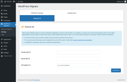 Page screenshot: WordPress Migration → Settings → Amazon S3