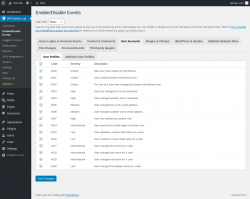 Page screenshot: WP Activity Log &rarr; Enable/Disable Events &rarr; User Accounts