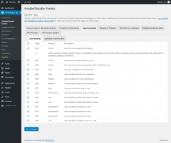 Page screenshot: WP Activity Log &rarr; Enable/Disable Events &rarr; User Accounts