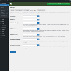 Page screenshot: WP Activity Log → Settings → 
					Exclude objects				