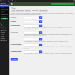 Page screenshot: WP Activity Log &rarr; Settings &rarr; 
					Exclude objects				