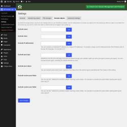 Page screenshot: WP Activity Log &rarr; Settings &rarr; 
					Exclude objects				